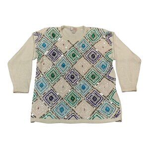 Vintage Maggie Barnes Sequin Embellished Off White Fun Party Sweater Size 2X